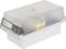 Filing box with a transparent lid and lock, partially filled index cards visible. Suitable for secure document storage.