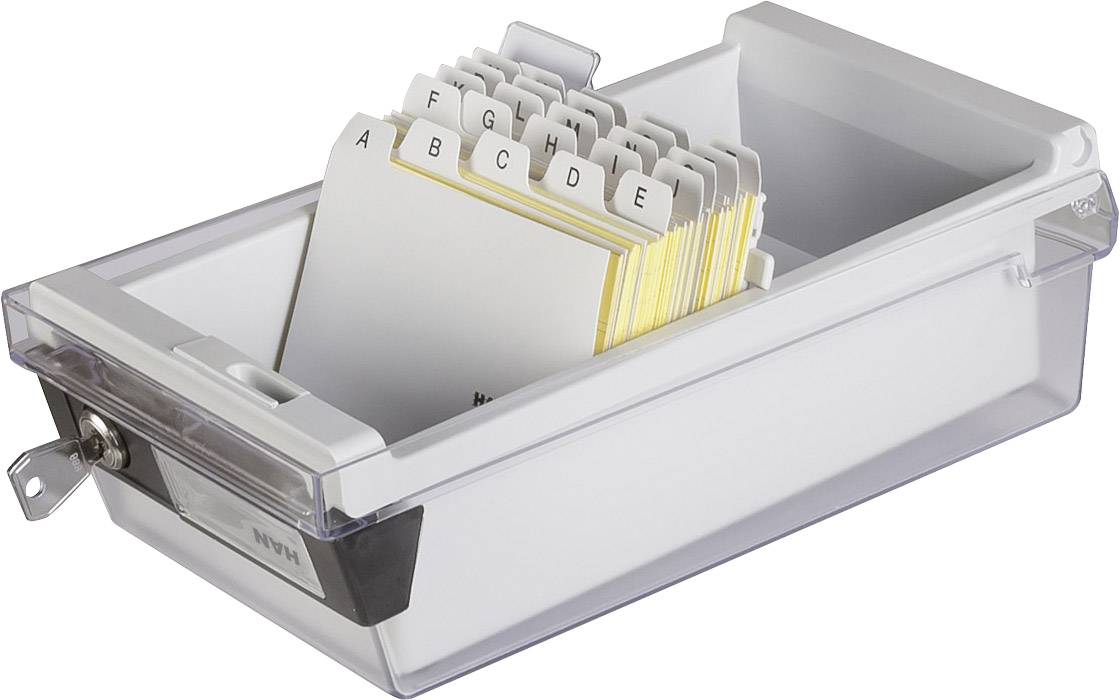 A grey index card box with alphabetically arranged dividers from A to E, filled with white index cards.