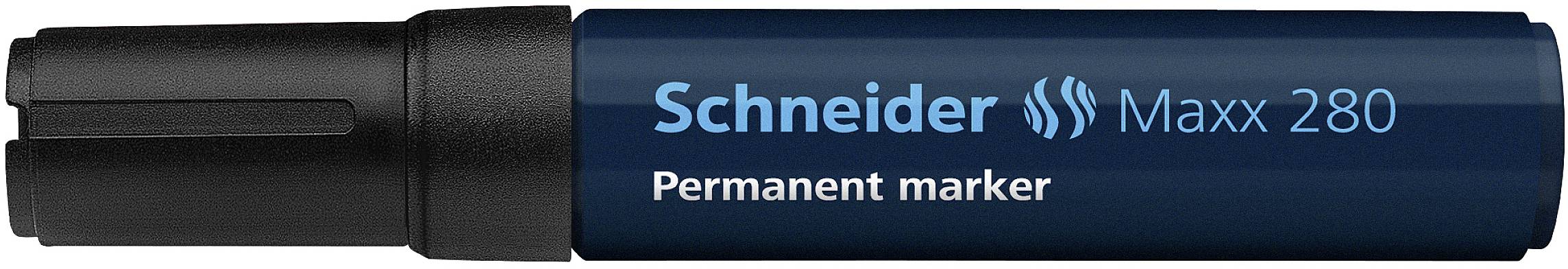 Black Schneider Maxx 280 Permanent Marker, cap removed, with blue print and white text 'Permanent marker'.