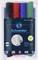 A set of five whiteboard markers with caps in different colours: black, red, blue, green and a white packaging.