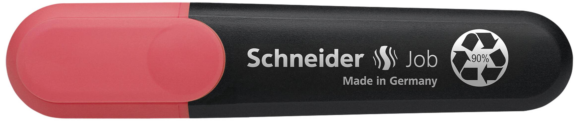 Black highlighter by 'Schneider Job' with a red cap, manufactured in Germany, contains 90% recycled material.