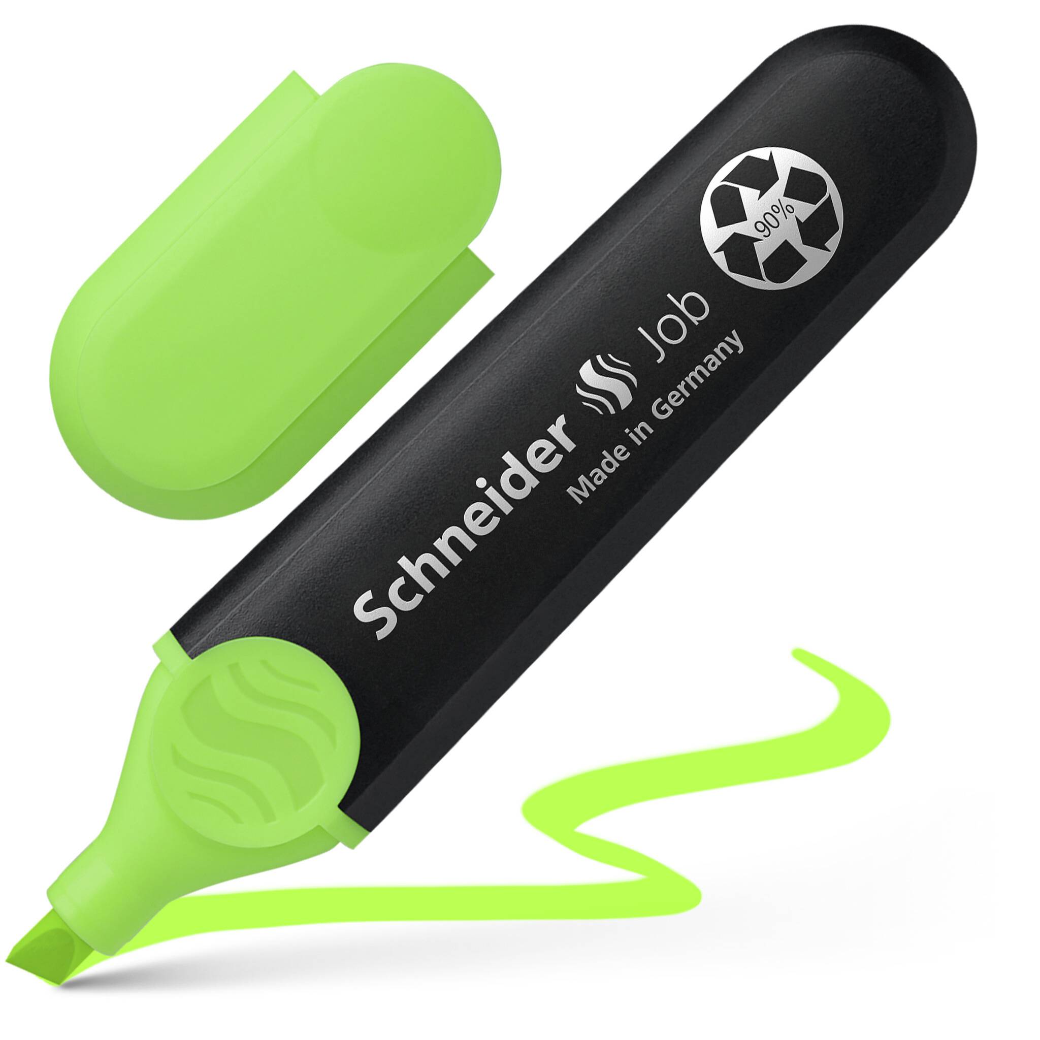 Green highlighter with its cap removed, next to a curved green line. The marker reads 'Schneider Job Made in Germany'.