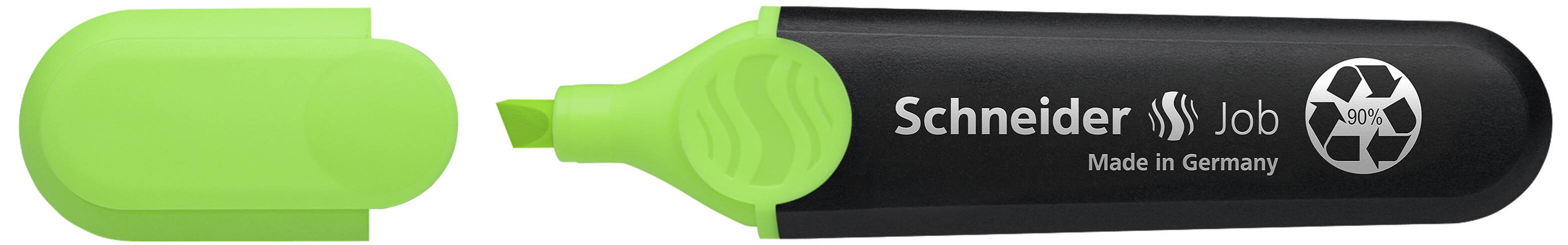 Green highlighter by Schneider with the cap removed. The pen shows a recycling symbol printed on the black casing.