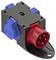 A six-pin, red industrial plug with a black housing and blue socket covers, used for electrical connections.