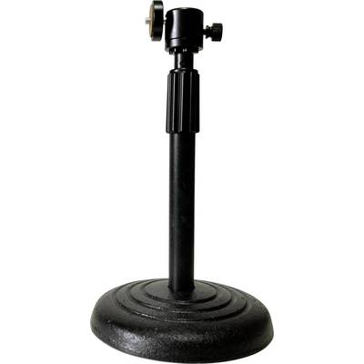 A black adjustable metal stand with a round base and tightening knobs, suitable for supporting small devices or cameras.