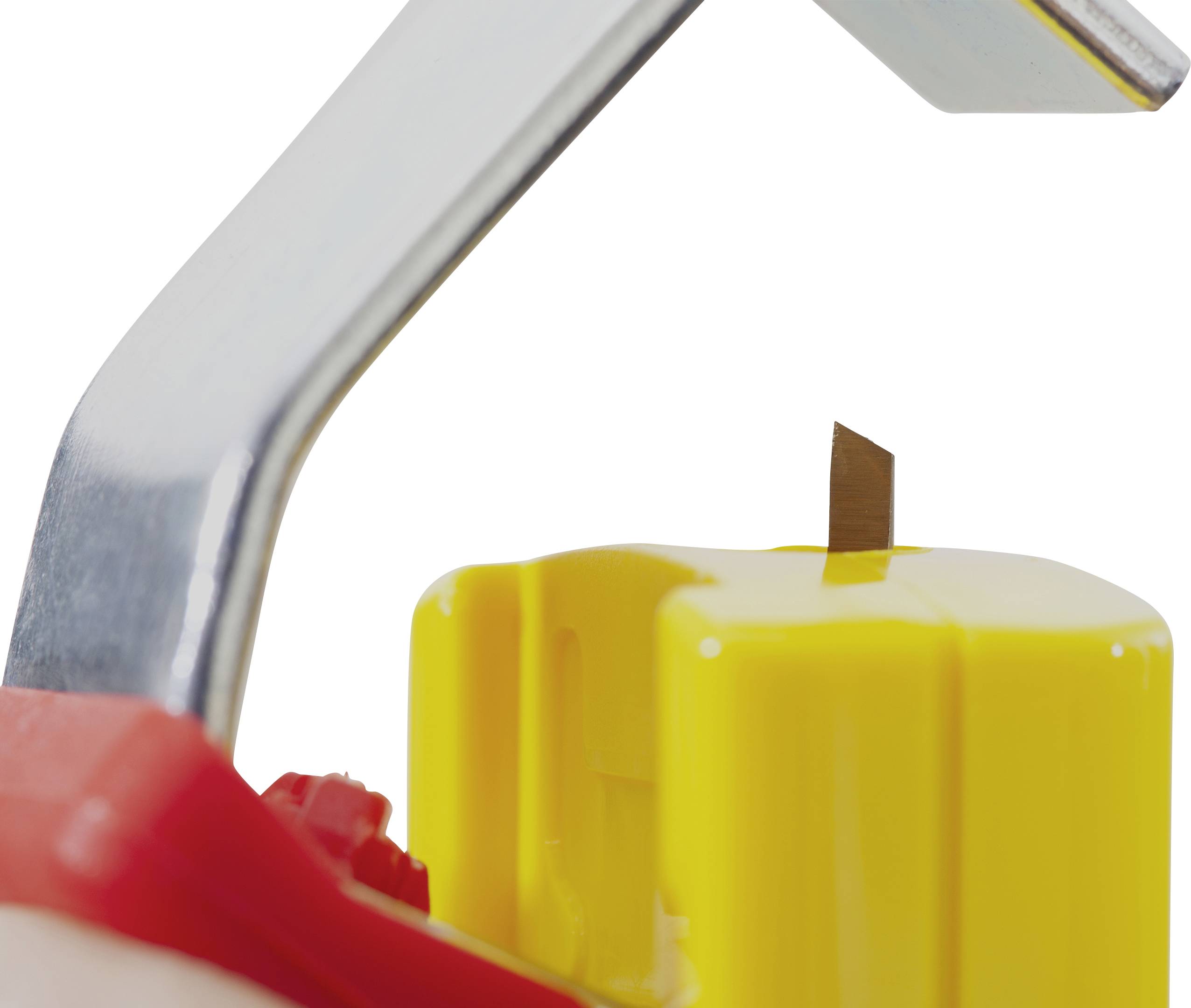 A yellow and red safety cap on a container with a metal eyelet.