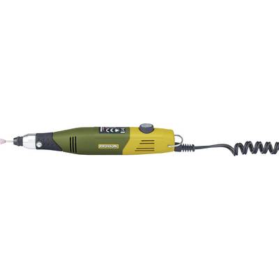 'Rotary tool Proxxon Micromot 50/E, green-yellow housing, mains cable connected.'