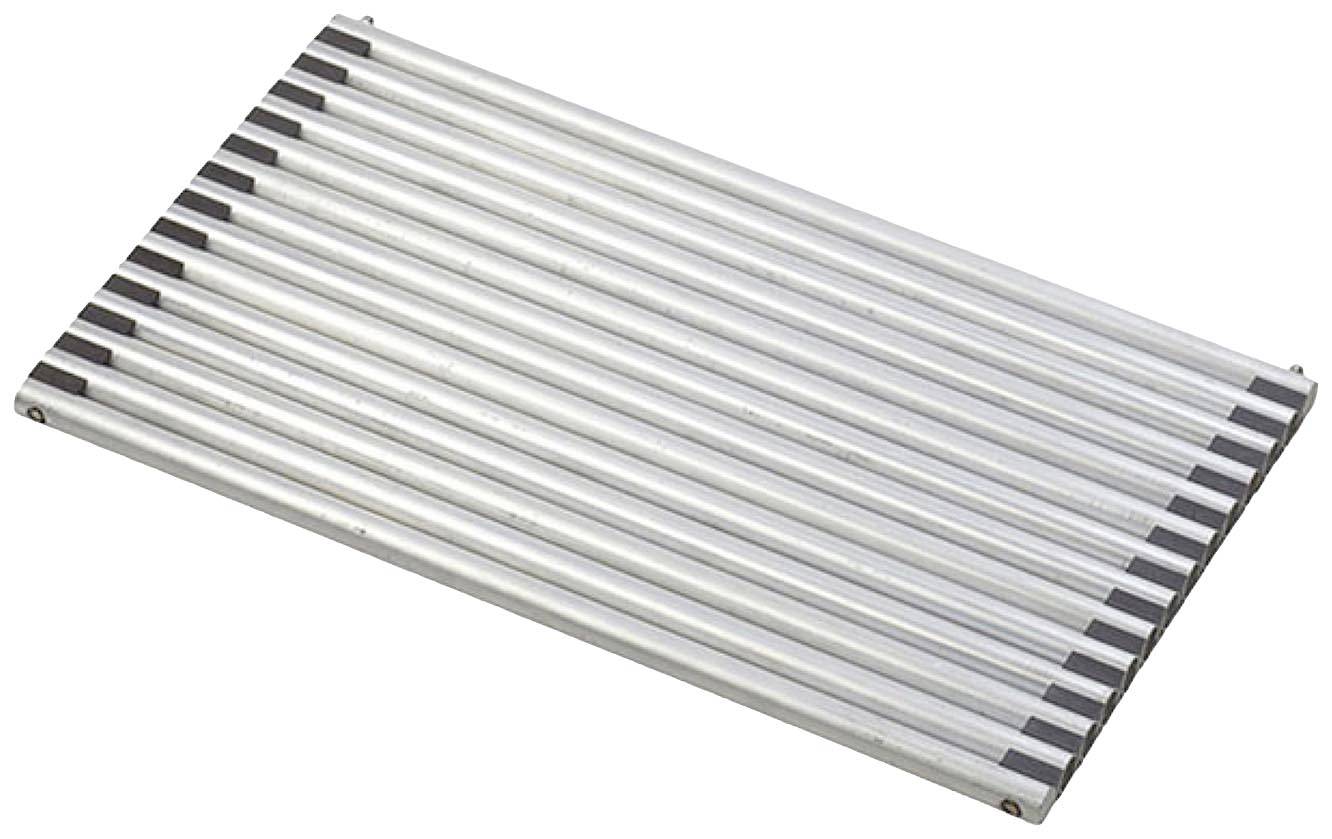 Folding Draining Rack: rectangular-shaped drying rack with parallel metal bars, designed to be used over the kitchen sink for draining dishes.