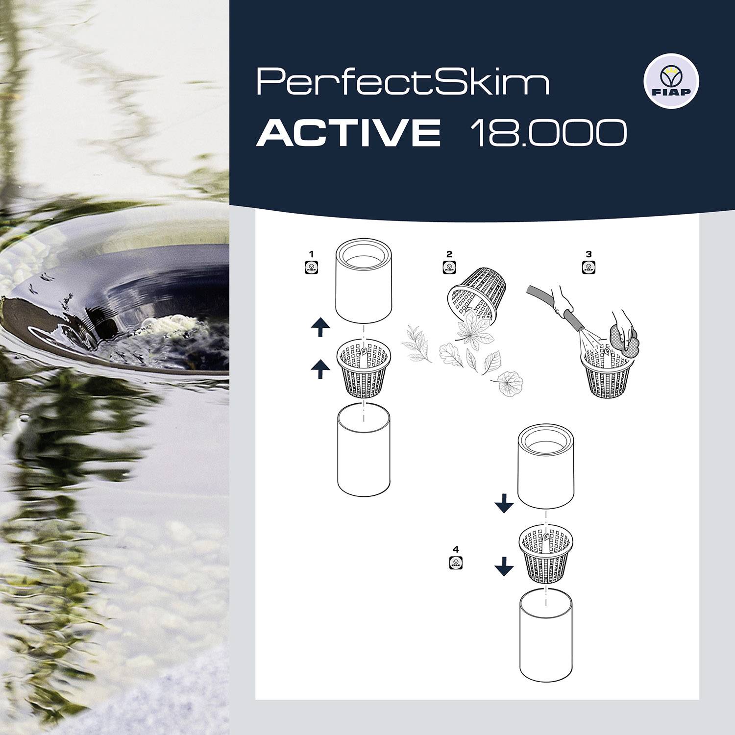 Advertisement for PerfectSkim Active 18,000: Image of a hose with a water picture, alongside four steps for filter installation.
