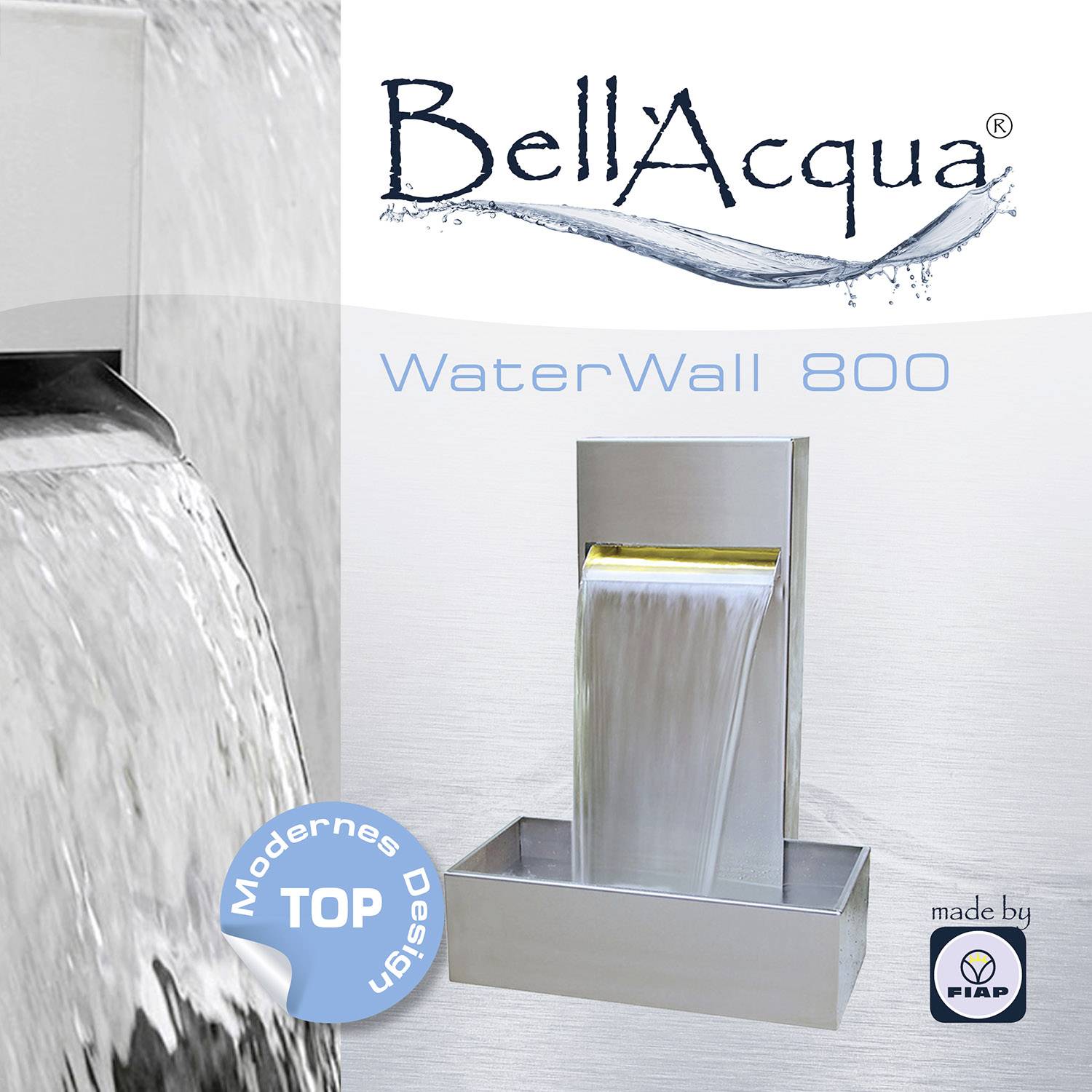 'BellAqua WaterWall 800' modern water-effect fountain, rectangular stainless steel design, suitable for stylish outdoor spaces.