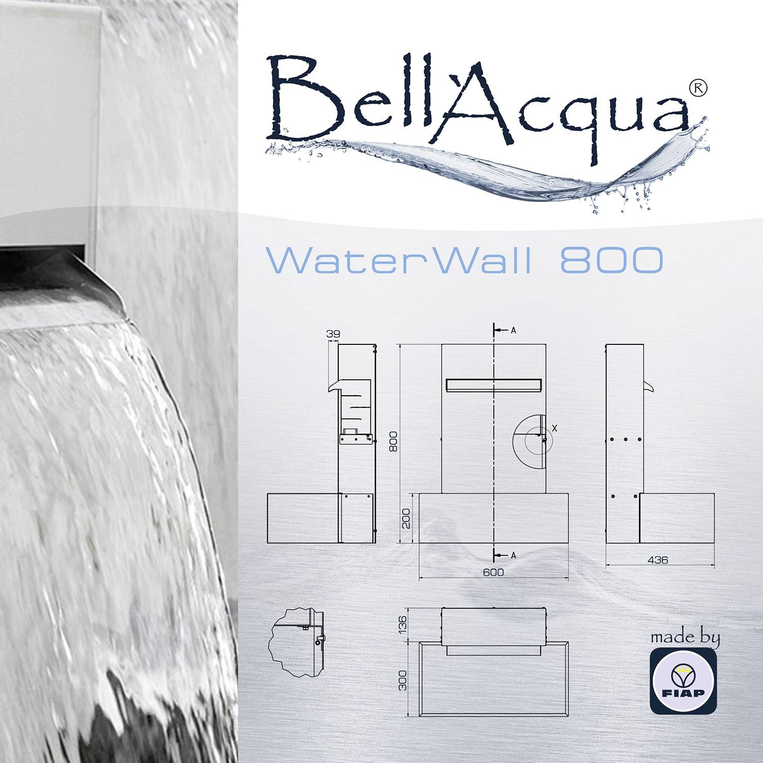 'BellAcqua WaterWall 800'. Illustration of waterfall design with technical drawings and dimensions. Includes FIAP logo.