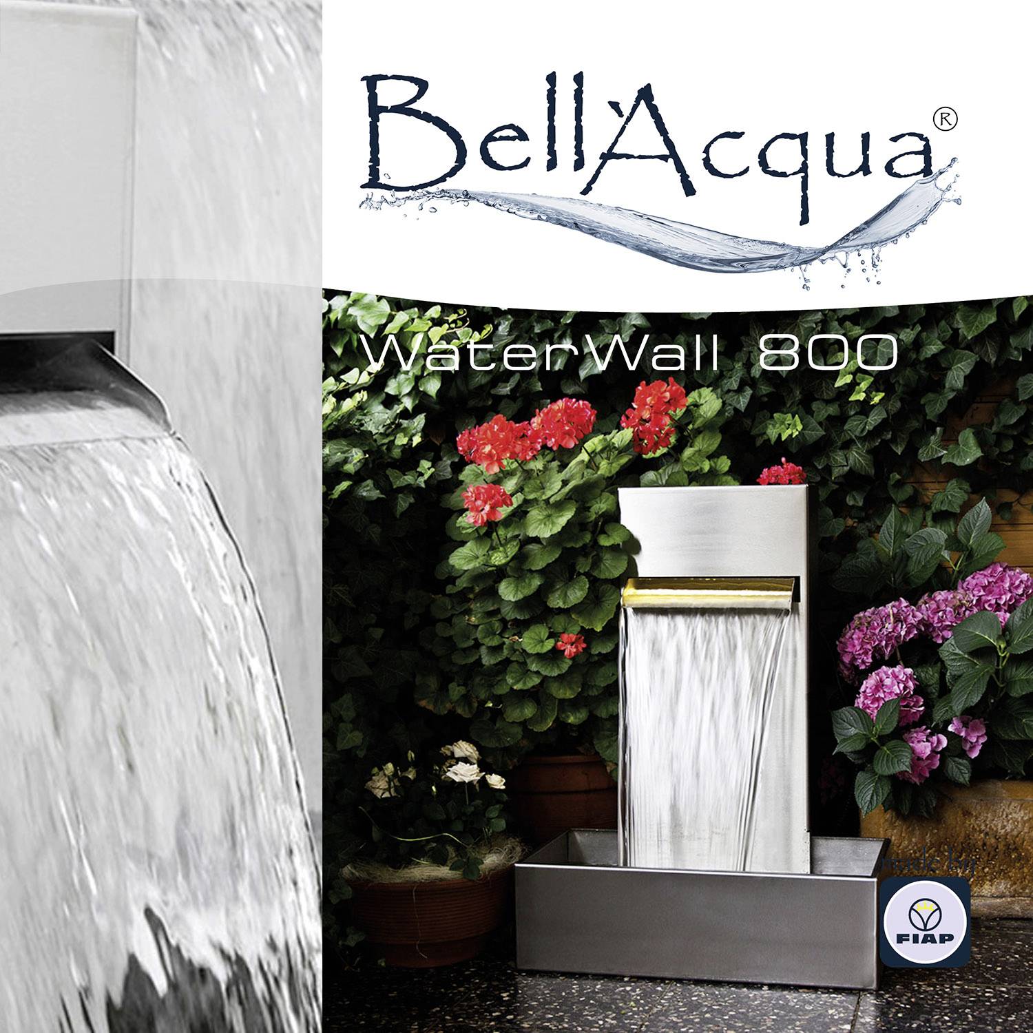 'BellAqua WaterWall 800' water feature in modern design in front of a flower bed.