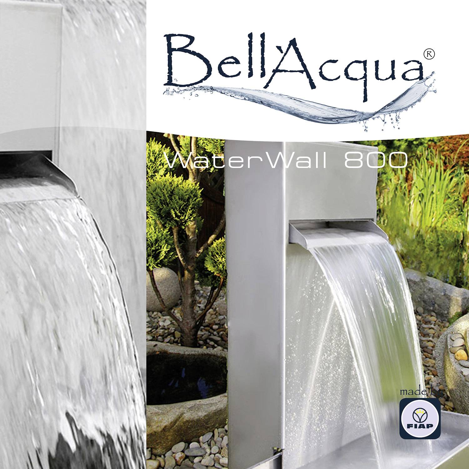 'BellAqua WaterWall 800' – A water feature flows from a stainless steel structure, surrounded by plants and stones in the garden.