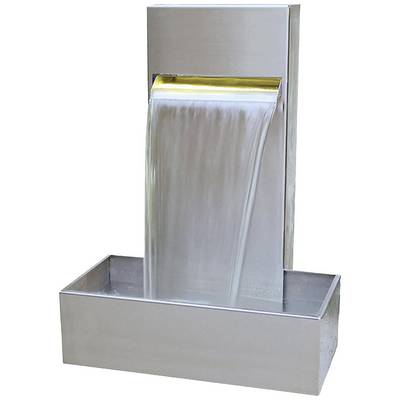 A modern water fountain with a rectangular shape, from which water flows into an underlying container.