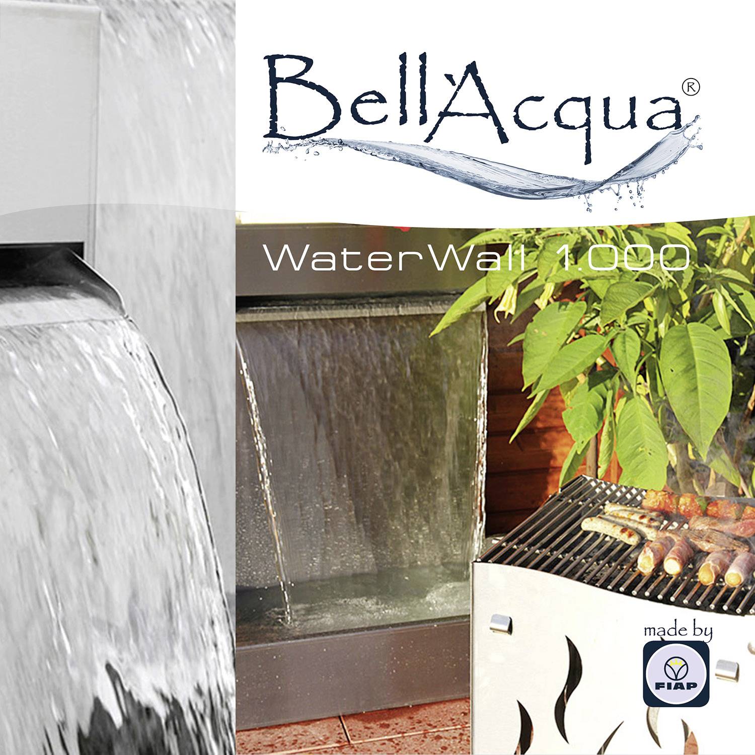 'BellAqua WaterWall 1000', a decorative waterfall with cascading water and plants in the background, produced by Fiap.
