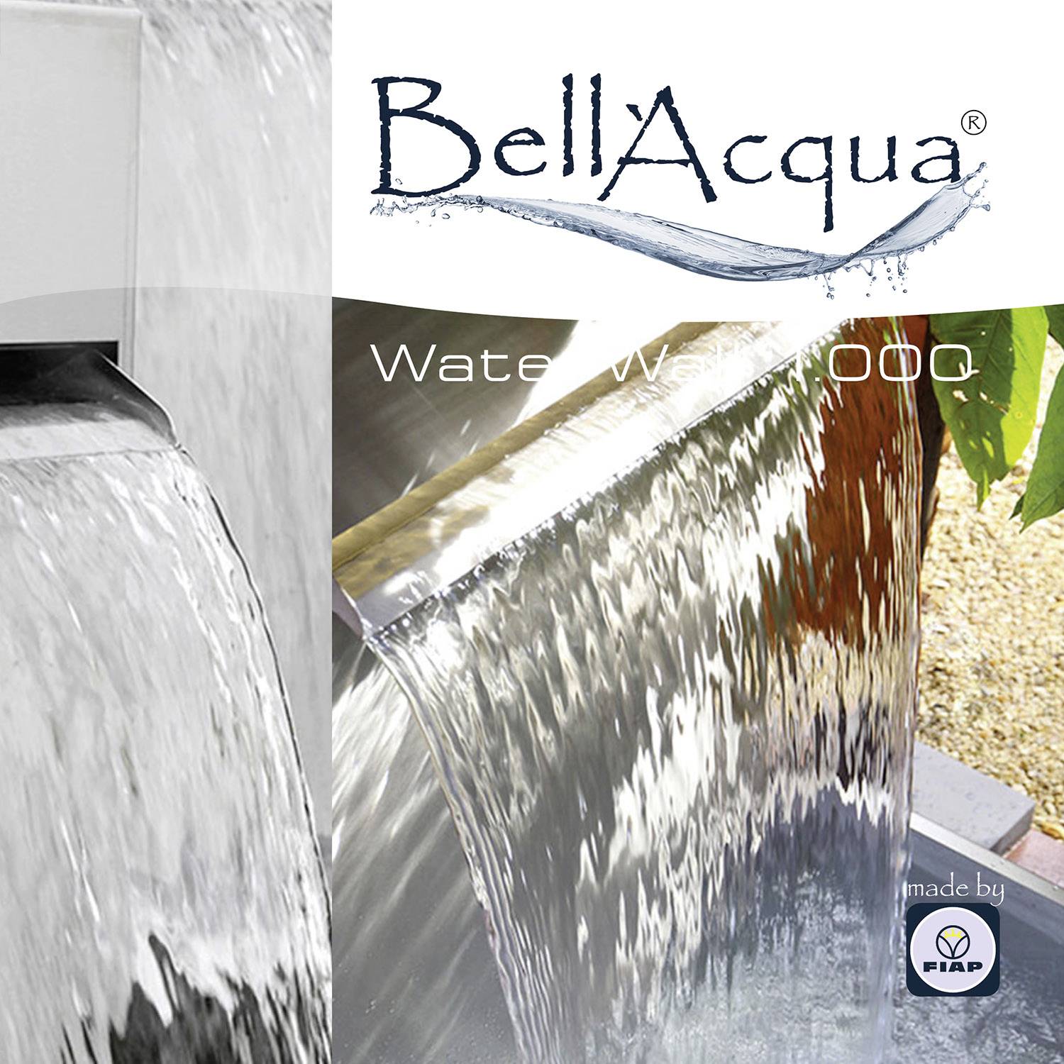 'BellAqua Waterfall 1000' showcases an elegant stainless steel water curtain, forming part of a high-end garden design.
