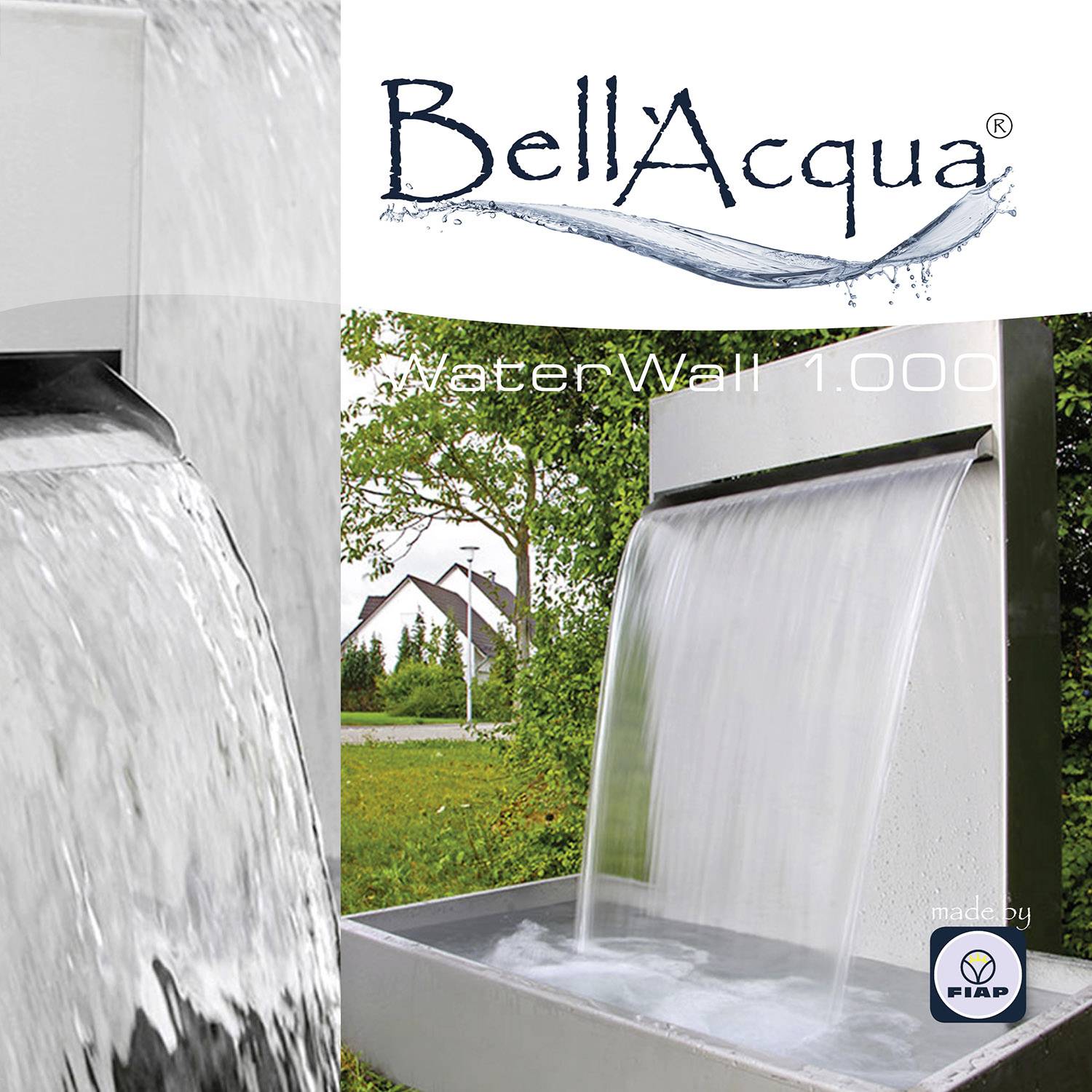 Water feature with flowing water in a garden, brand 'BellAcqua'. House in the background.