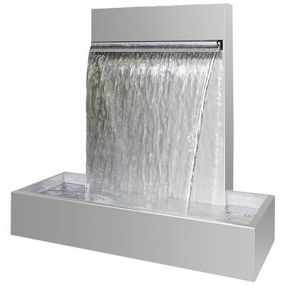 A contemporary, rectangular waterfall fountain with smooth water flow in a shallow basin, suitable for interior or exterior decoration.