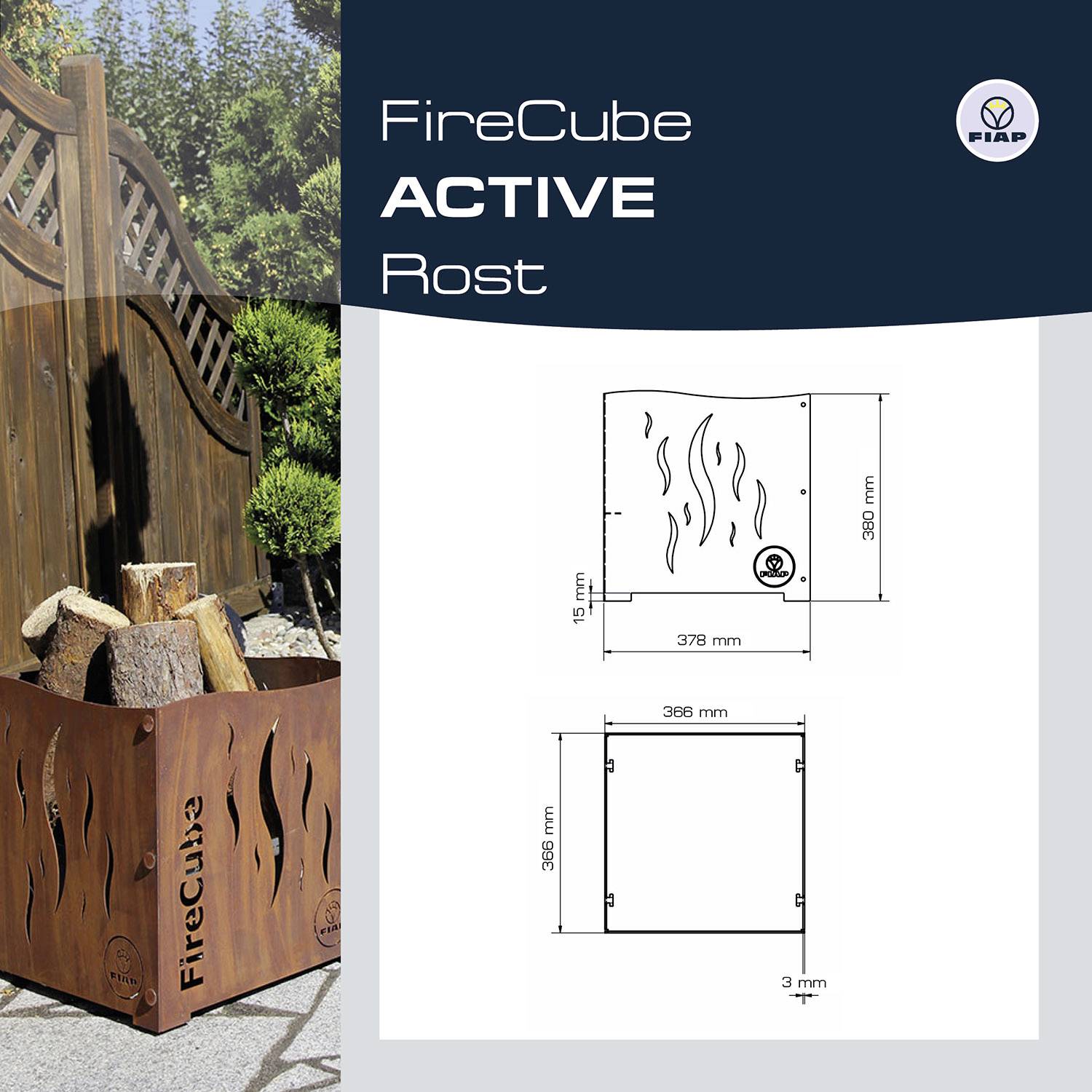 A copper-coloured fire pit, called 'FireCube', stands on a terrace. To the right, a technical drawing with dimensions is visible.