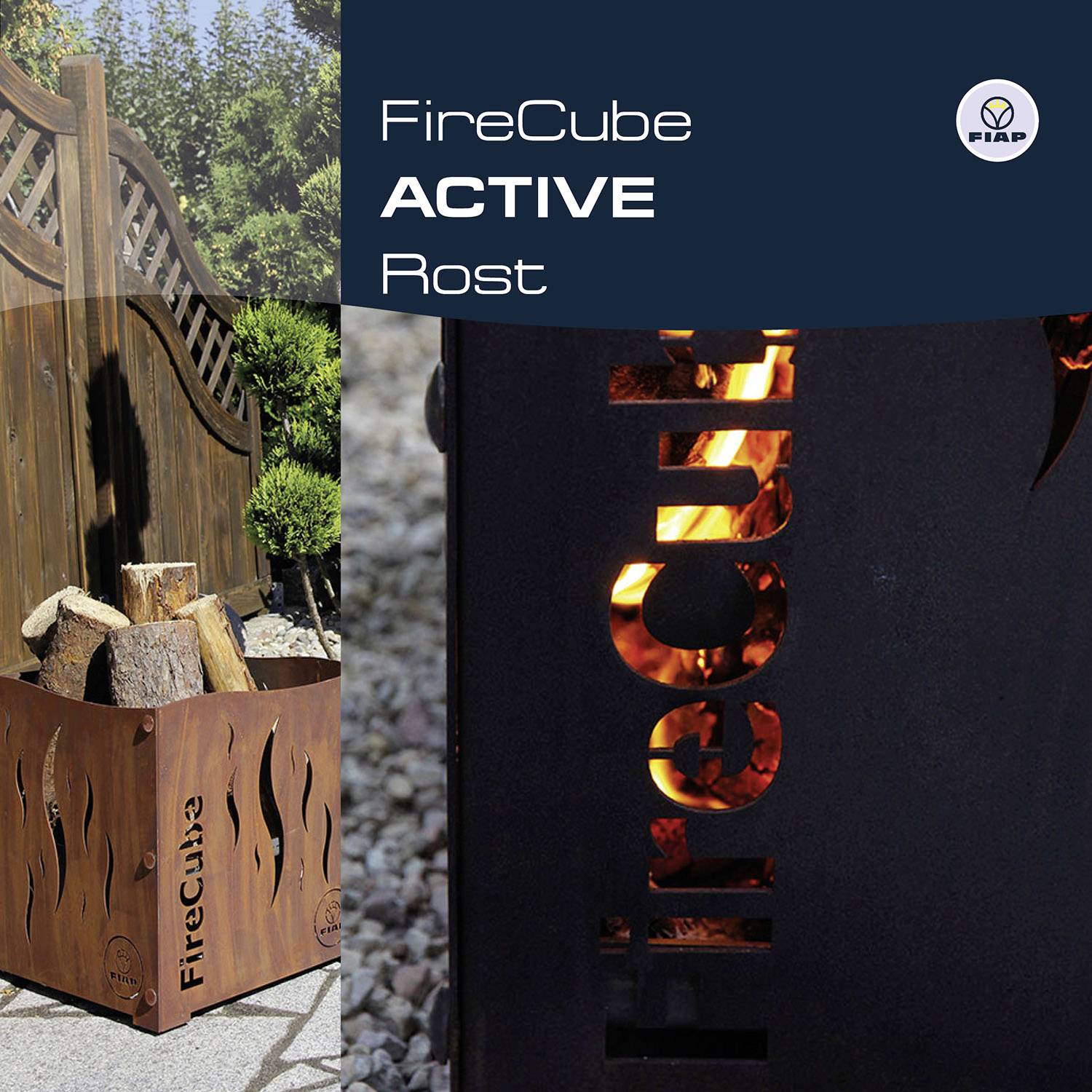 A square fire basket made of rusty metal, filled with logs of wood, stands on a paved surface in front of a wooden fence. Top left is the text 'FireCube ACTIVE Rust'.