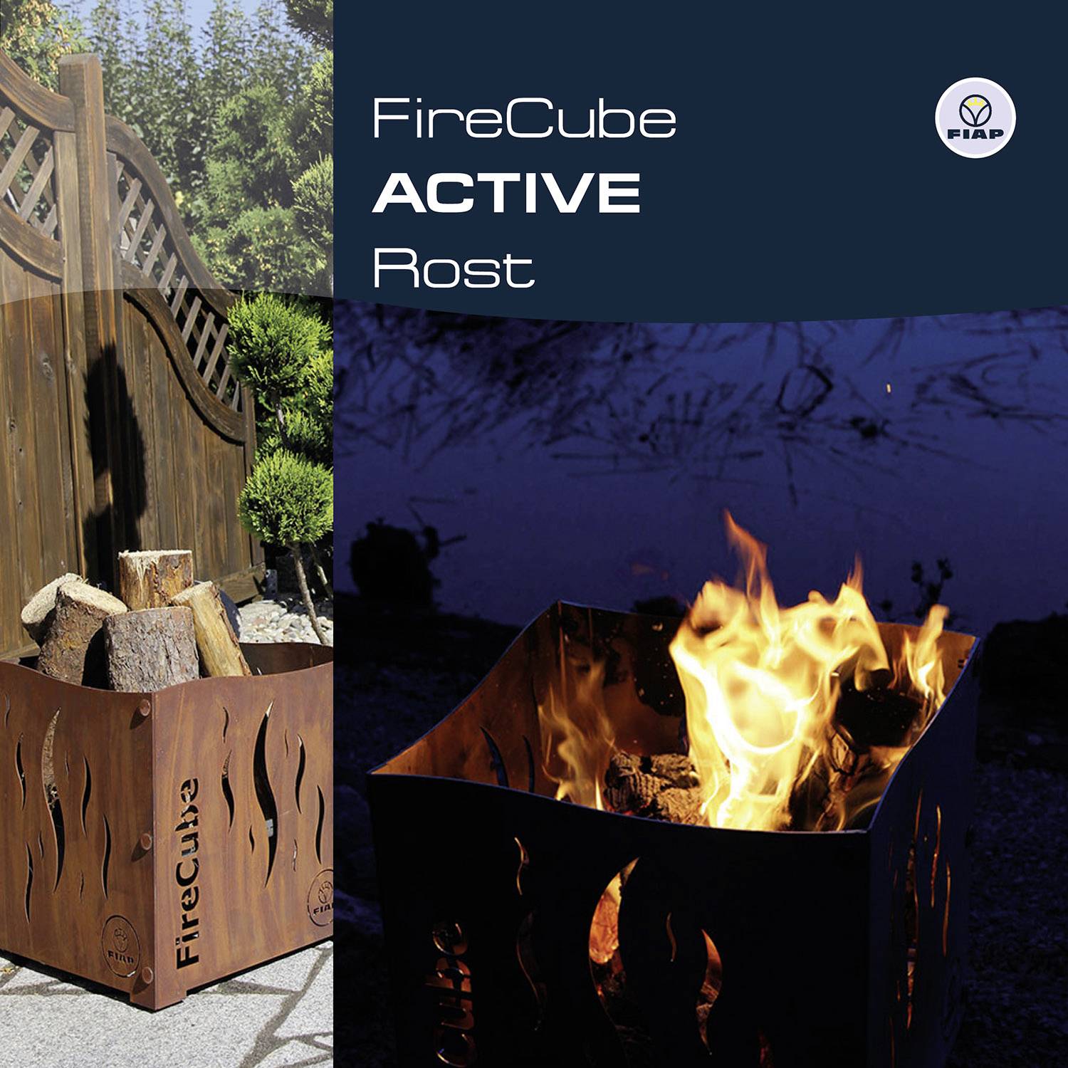 Rust-coloured 'FireCube Active' fire pit with flame pattern and wooden logs, lit, in front of a wooden fence and trees.