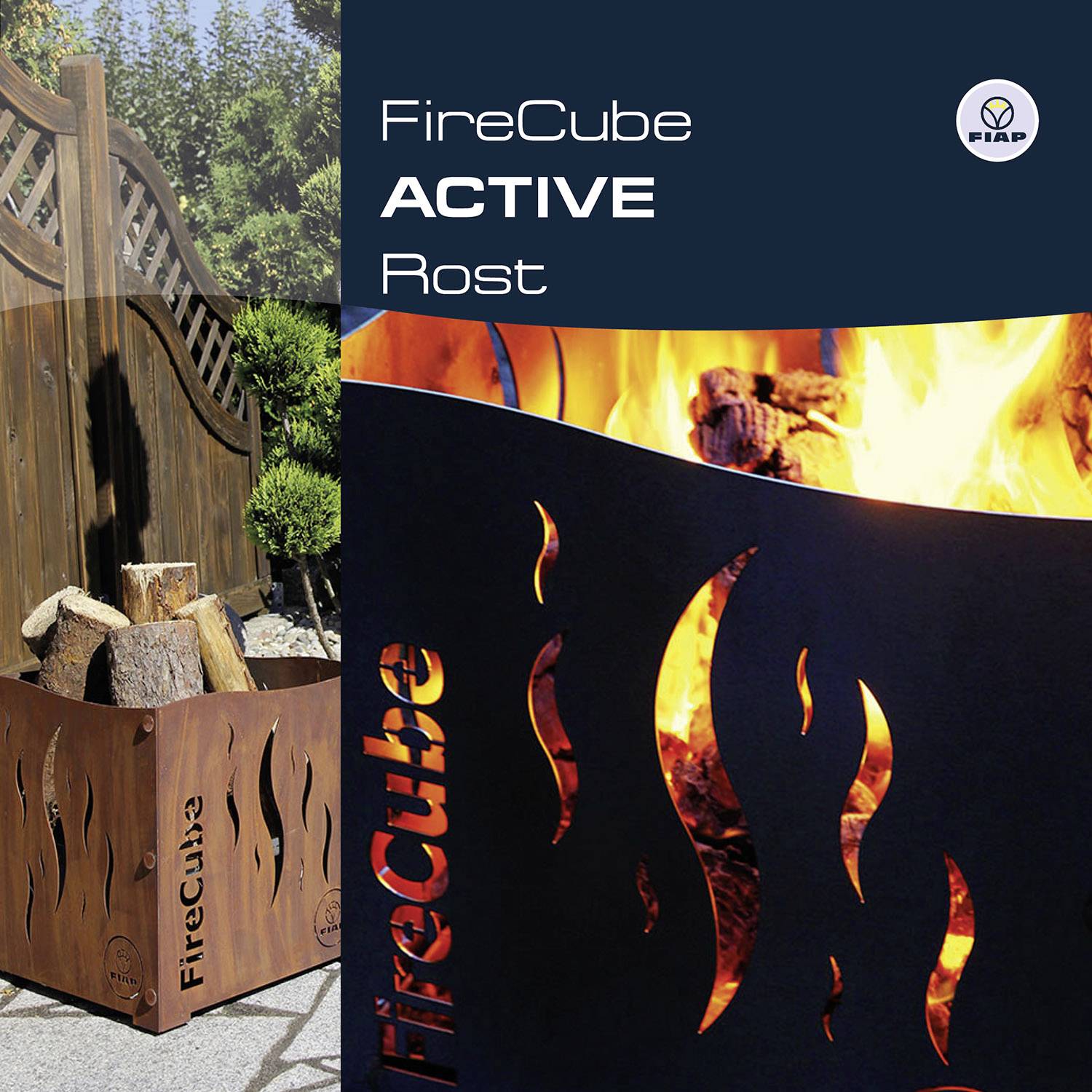 'FireCube Rost' fire pit beside a woodpile. A burning fire with a glowing radiance in the top right corner.