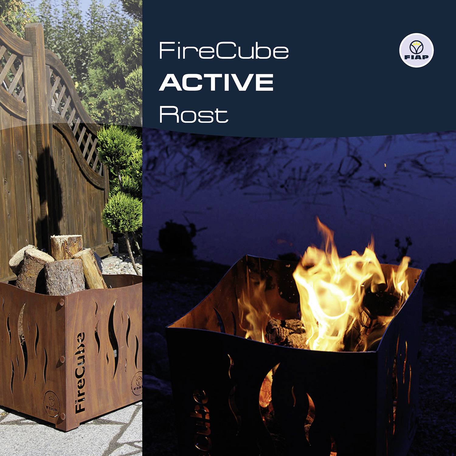 "FireCube Rost" displays a fire bowl cube positioned in front of a fence, filled with burning wood, perfect for garden fires.