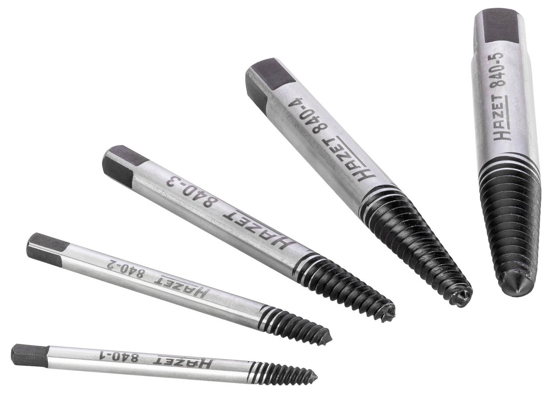 Five screwdrivers in various sizes by Hazet, lying side by side, showing their tips and labels.