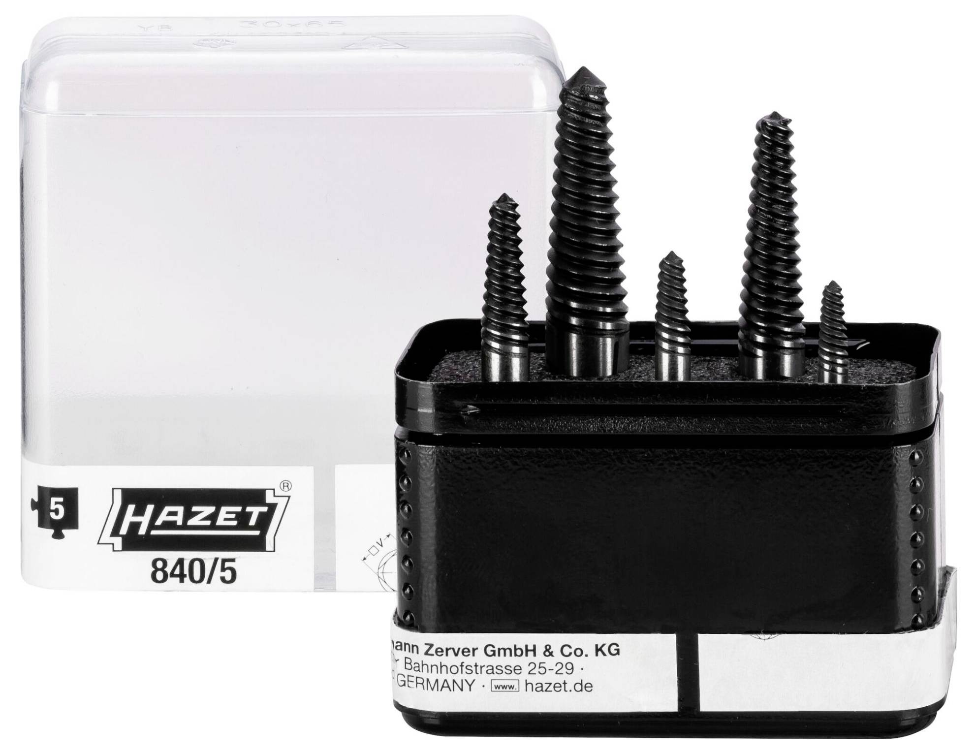 Hazet 840/5 Extractor Set with five black screw extractors in an open black box, in front of packaging.