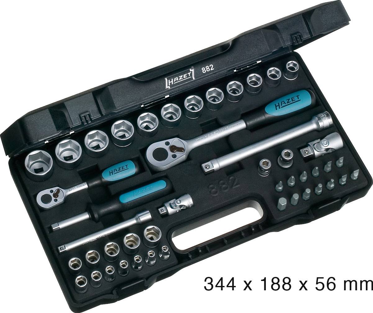 Tool case with various spanners and attachments in orderly rows. Dimensions: 344 x 188 x 56 mm.
