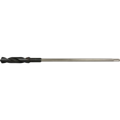 Close-up of a black-and-silver drill bit or auger tool, showing the helical black cutting end and long metal shaft on a plain background.