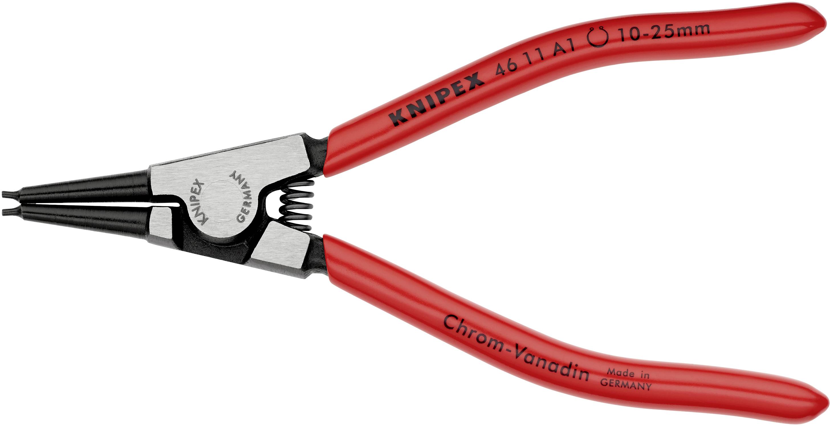 Red circlip pliers by Knipex, Model 46 11 A1, size 10-25 mm, made of chrome vanadium steel, manufactured in Germany.