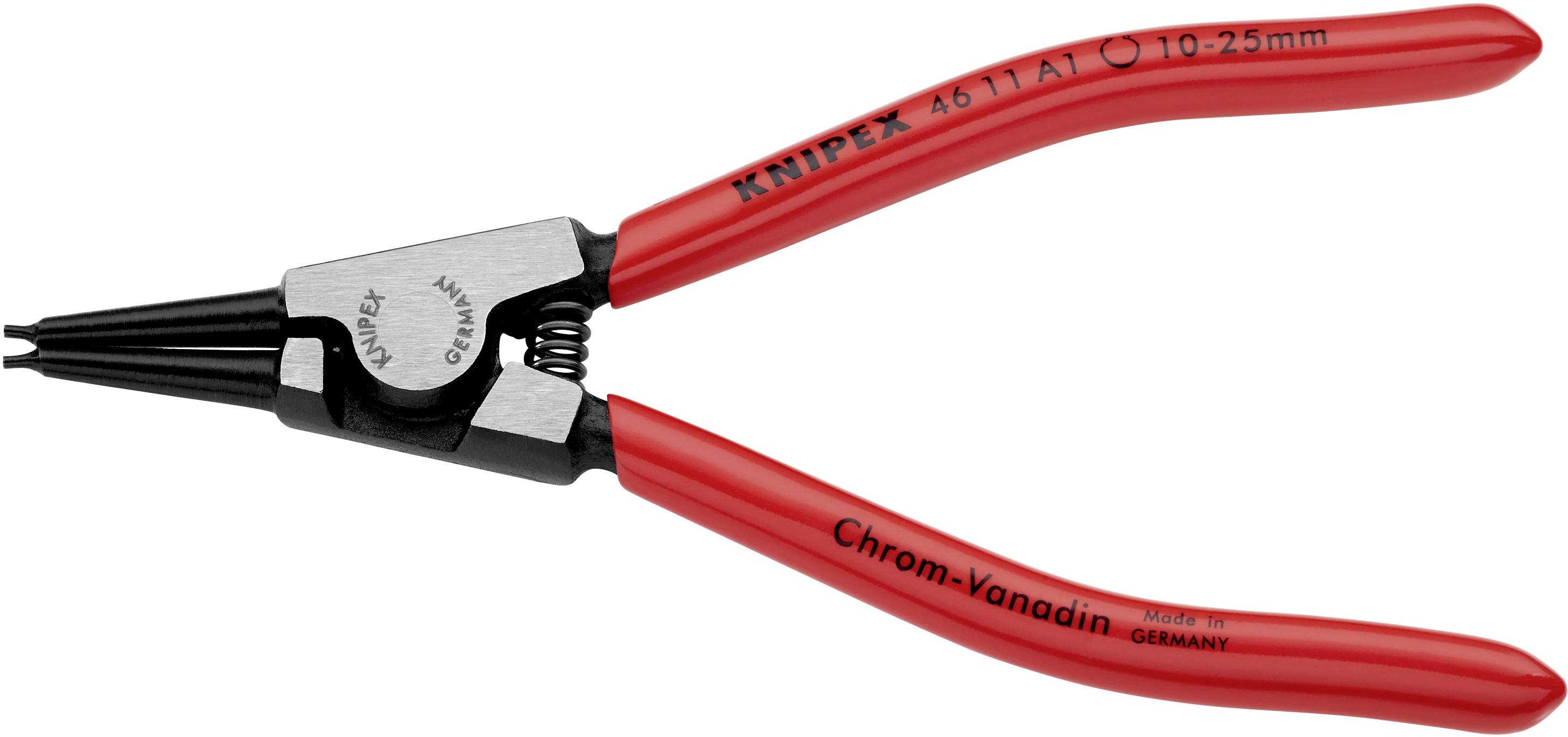Red circlip pliers with black tips, suitable for circlips from 10-25 mm, brand 'KNIPEX'.