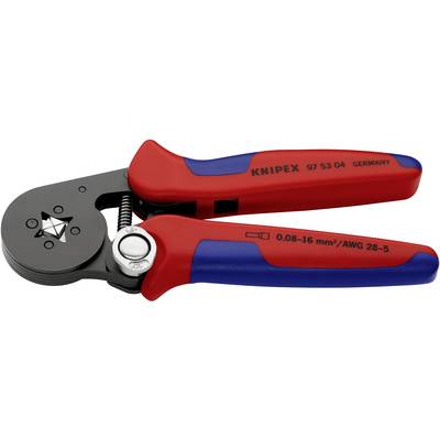 Pliers with red and blue handles, suitable for cable diameters 0.08-16 mm/AWG 28-5, KNIPEX brand.