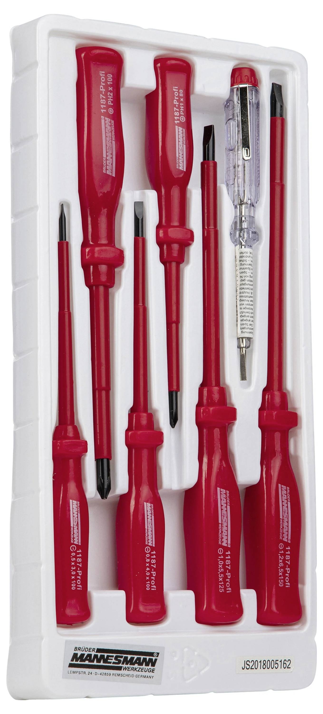 A package containing seven red screwdrivers and a continuity tester, conveniently arranged in a white plastic insert.