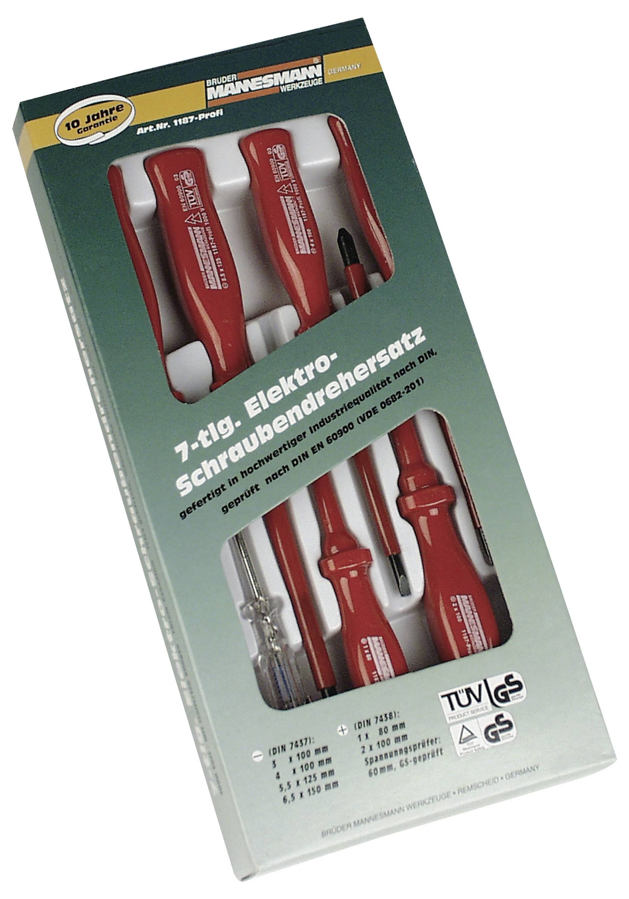 '7-piece Electrical Screwdriver Set' in packaging with red screwdrivers, TÜV/GS tested. 10-year guarantee.