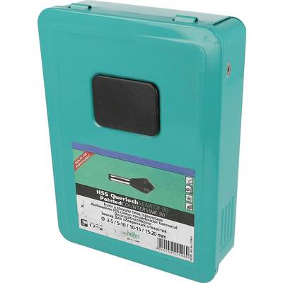 Teal plastic case of HSS countersink bits with a black handle and product label on the front<br>