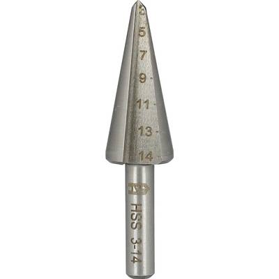 Metal step drill bit with size markings 5, 7, 9, 11, 13, 14 and HSS 3-14 engraved on the shank.