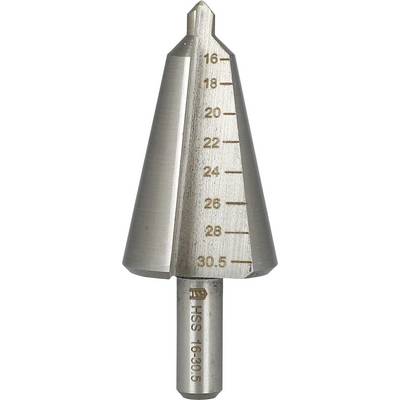 Metal cone-shaped step drill bit with engraved size marks from 16 to 30.5 mm.
