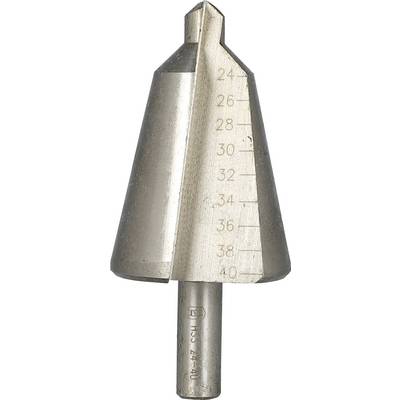 Close-up of a metal step drill bit with size markings from 24 to 40, shown on a white background.