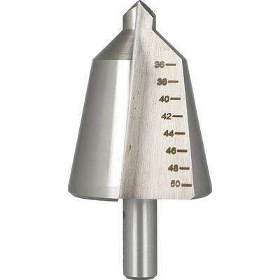 A metal step drill bit with size markings 36 to 50 on the conical shaft.
