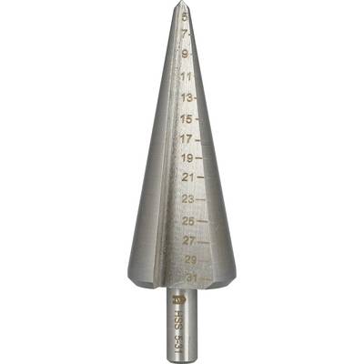 A metal step drill bit with numbered size markings along the cone, showing increments from 5 to 31.