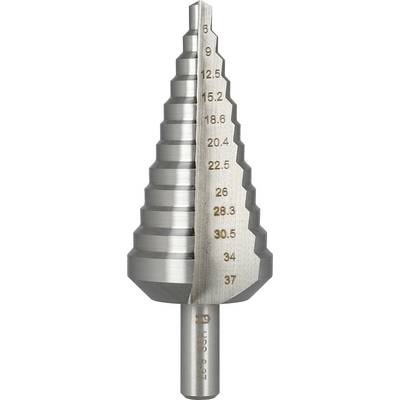 Metal stepped drill bit with size markings ranging from 6 to 37, shown on a white background.