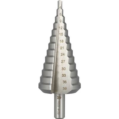 Stepped cone drill bit with size markings from 12 to 39 for drilling progressively larger holes in sheet metal or thin material.
