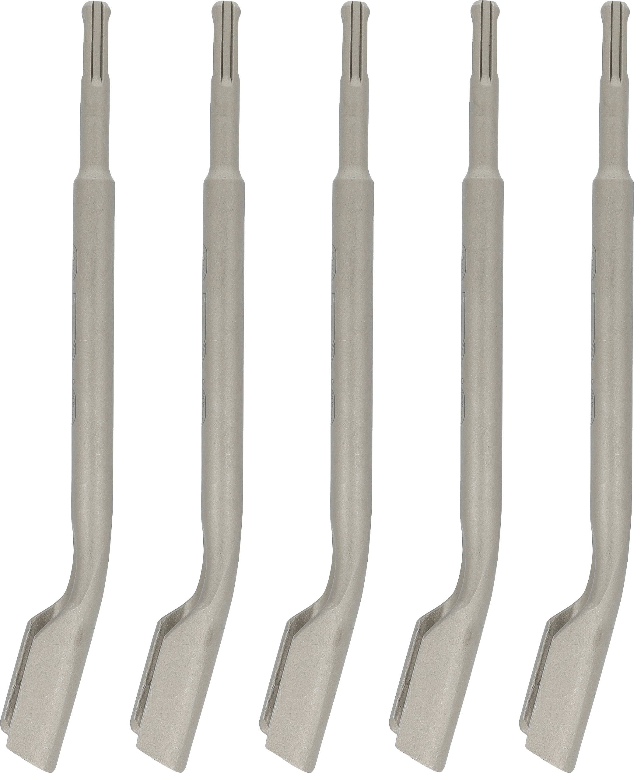 Five identical gray angled metal pry bars or crowbars arranged vertically on a white background.
