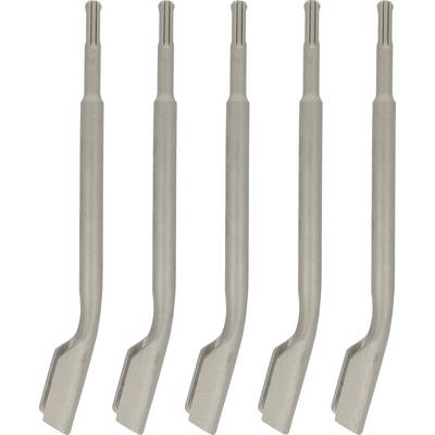 Five identical gray angled metal pry bars or crowbars arranged vertically on a white background.