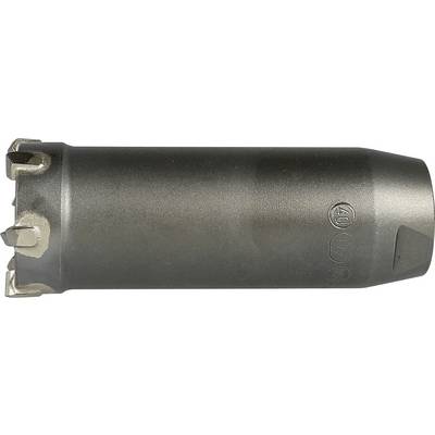 Dark metal cylindrical drill bit or core cutter with two silver cutting teeth on the left end and a tapered tip on the right.