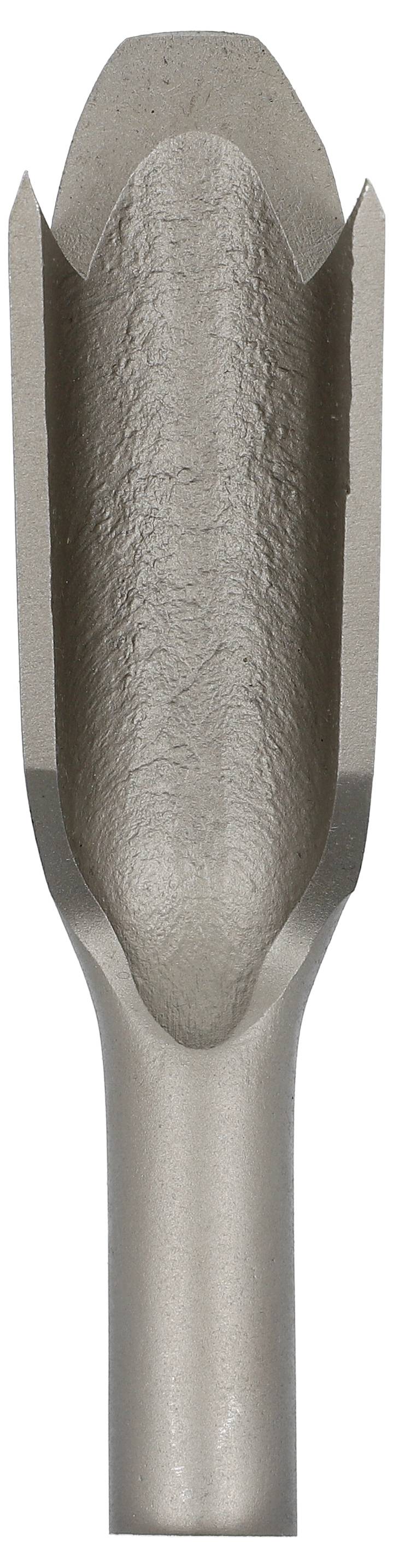 Close-up of a gray metal drill bit or cutting bit with a tapered, textured tip and cylindrical shank on a white background.