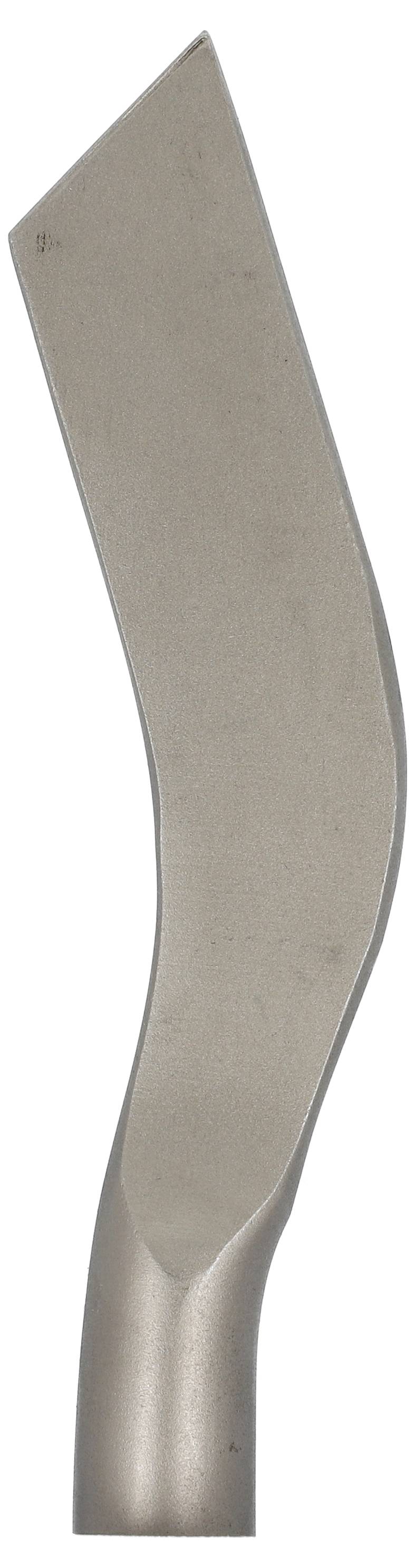 Single curved metal tool blade with a tapered cutting edge and cylindrical base, shown on a plain white background.