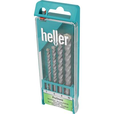 Package of Heller stone drill bits with four gray spiral masonry bits in a turquoise plastic case.